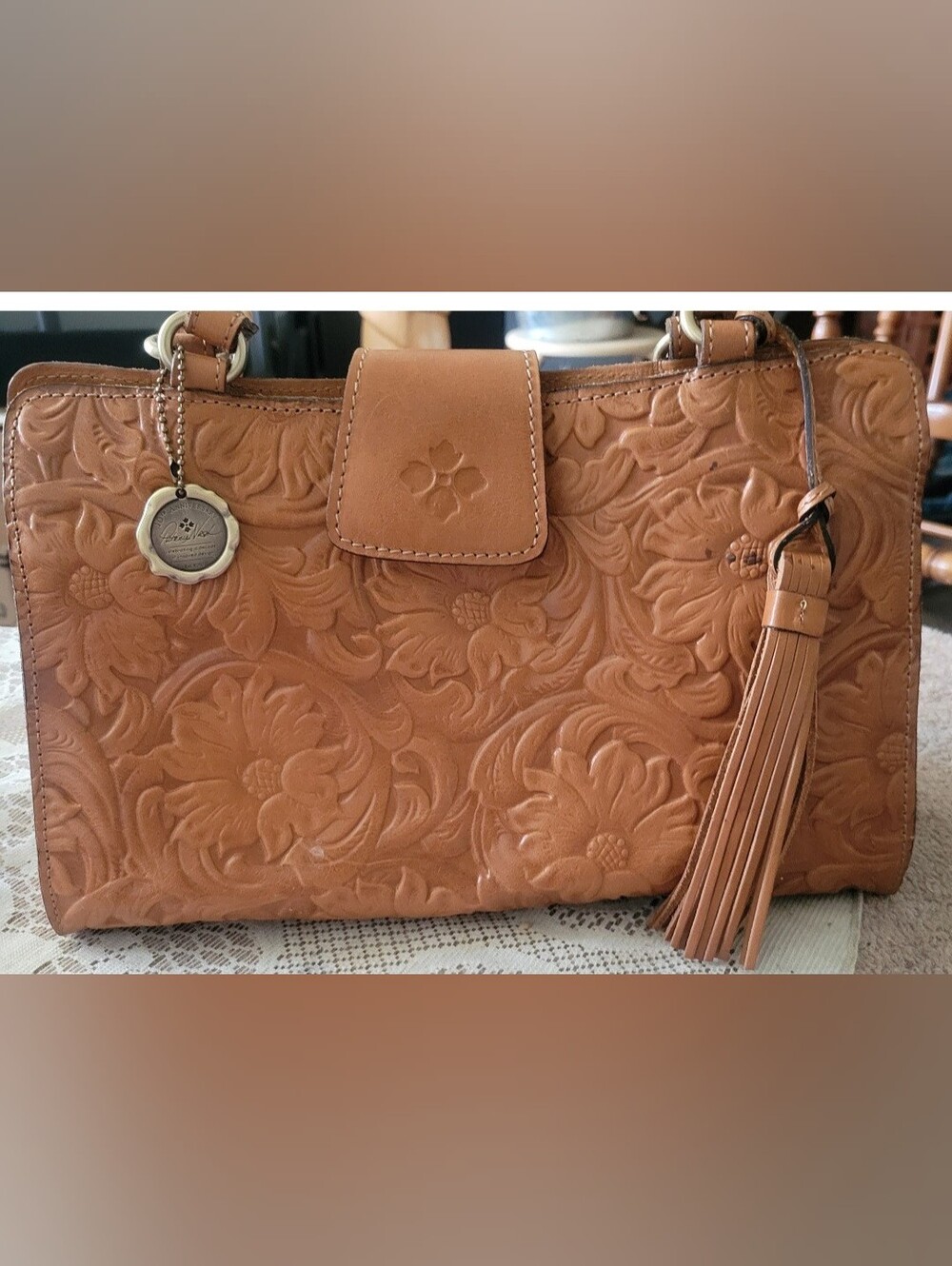Patricia Nash Tan Floral Tooled Leather Shoulder Bag with Tassel
